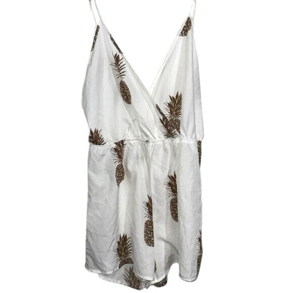 White Pineapple-Print Shein Sleeveless Summer Romper With V-Neck & Adjustable Ti - Picture 3 of 7